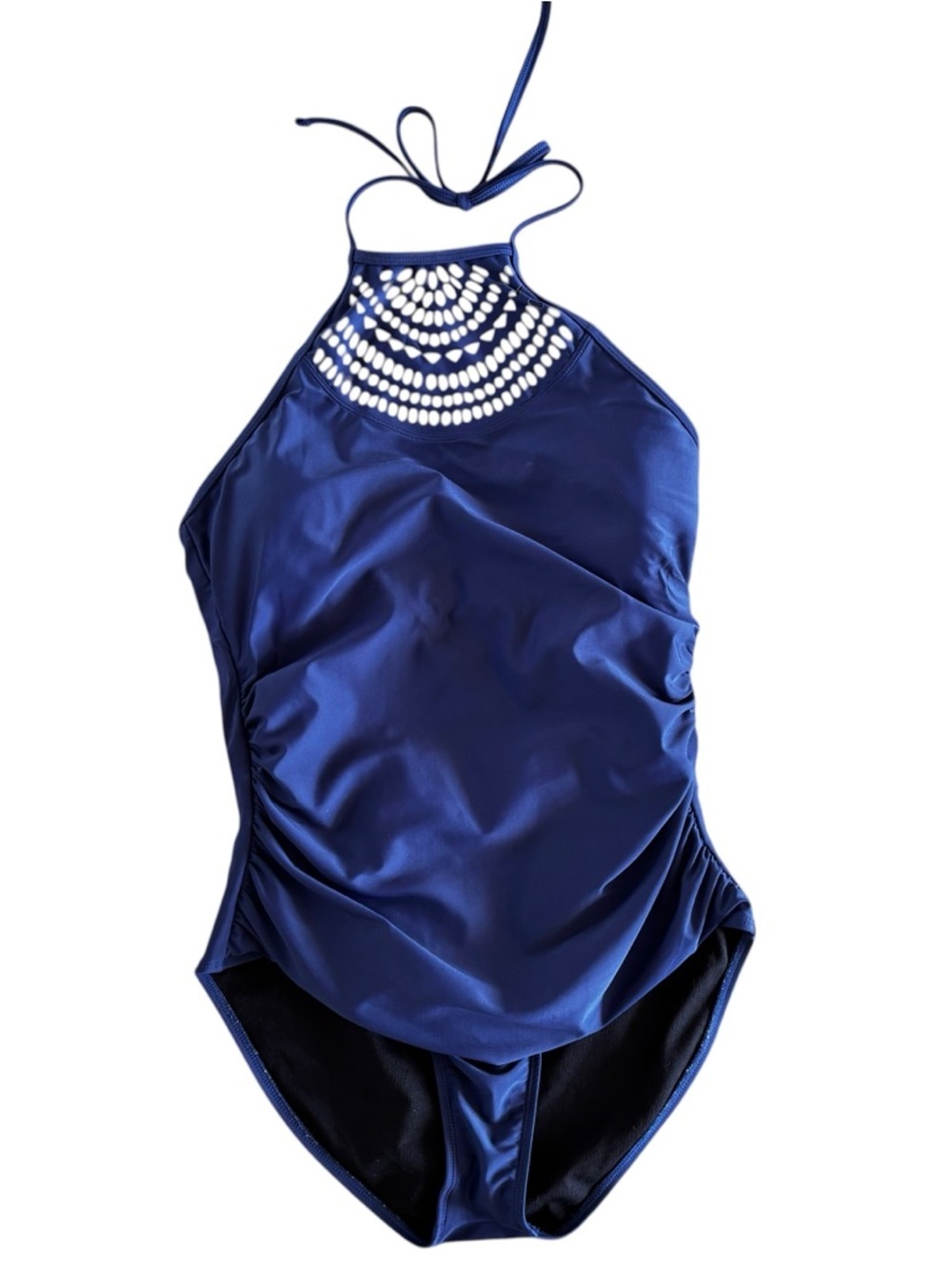Coastal Rose Halter-Style One-Piece Swimsuit Sz 14 Laser Cut Neckline Navy Blue